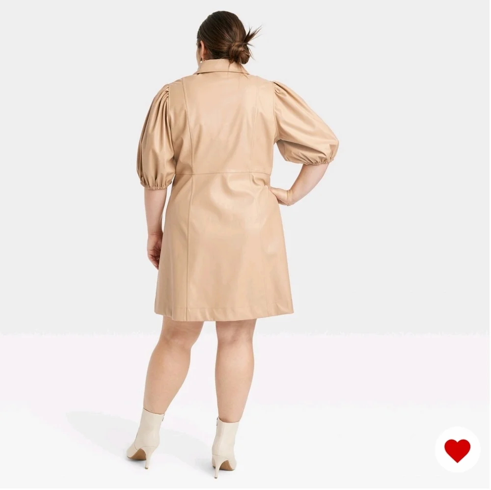 🎉Women's Puff Sleeve Faux Leather A-Line Dress Beige🎉 - Picture 7 of 7